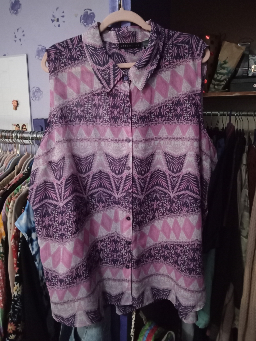 Attention Sleeveless Button-Up Blouse In Purple and Pink Geometric Print Sheer